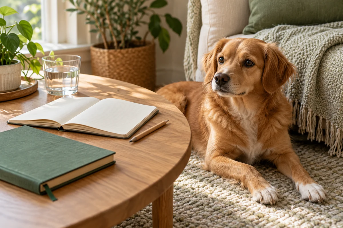 Cão descansando ao lado de uma mesa com cadernos de estudo