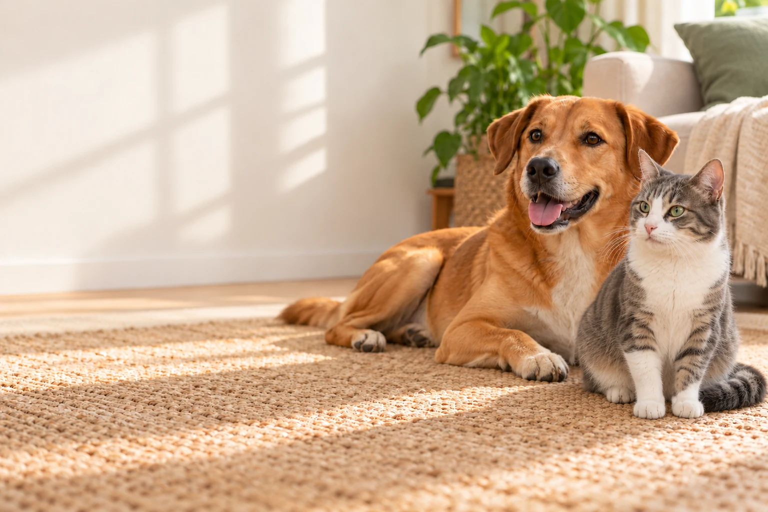 Cão deitado e gato sentado em uma sala iluminada